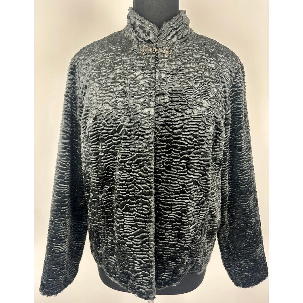 Black Faux Persian Fur Lamb Jacket Medium Dressy Victorian Mock Neck Regency